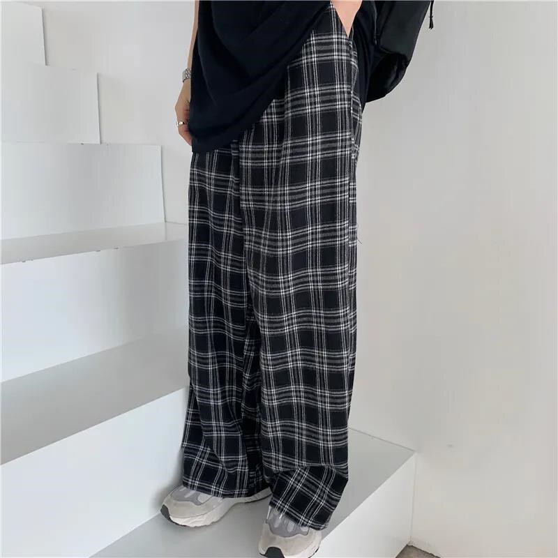 Pantalones a cuadros negros y rosas de gran tamaño para mujer, pantalón informal holgado de pierna ancha, Pantalones rectos Retro para adolescentes, ropa de calle de hip hop: Negro / L