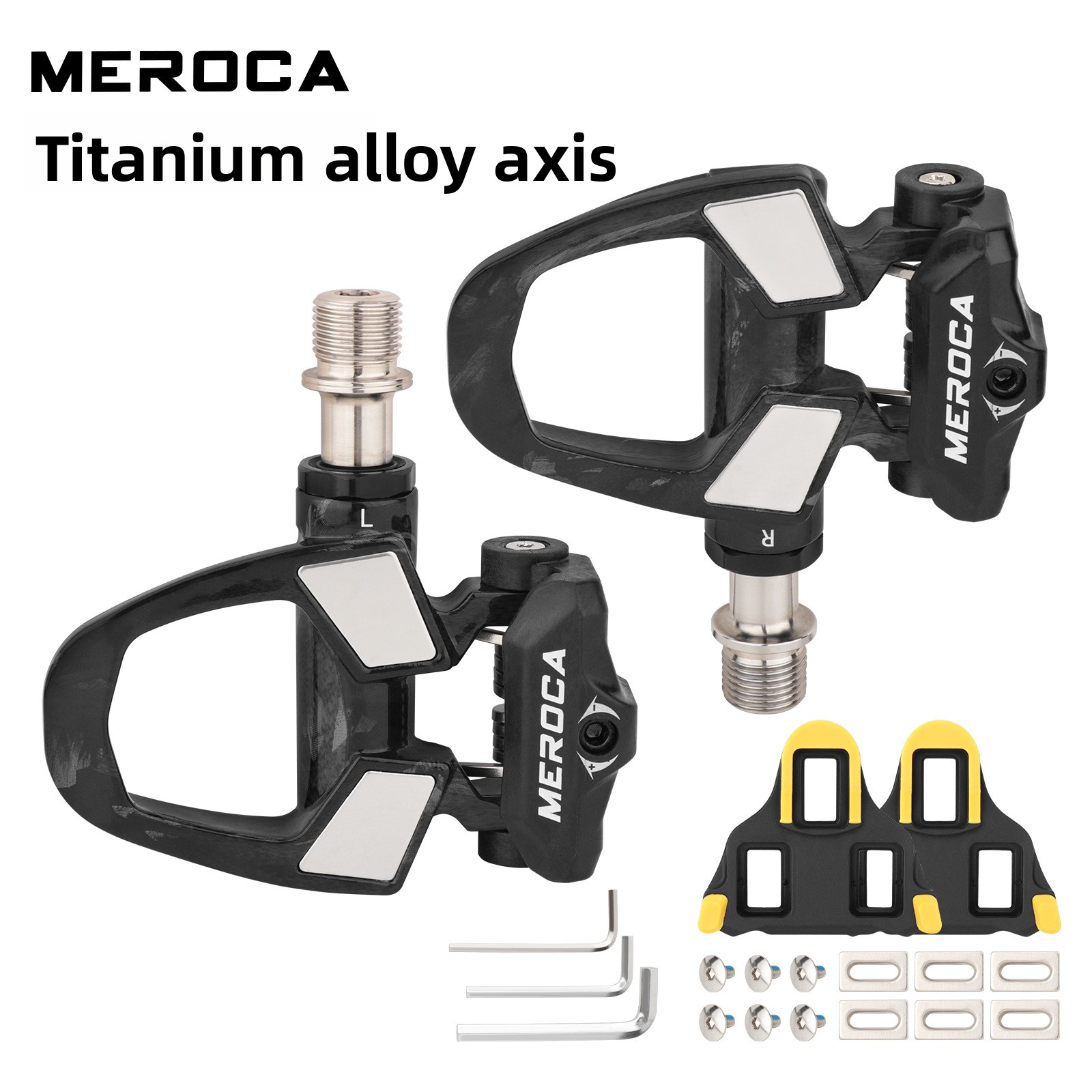 MEROCA fiets koolstofvezel slotpedaal drielager SPD slotpedaal concurrentiekwaliteit inclusief slotplaatset antislippedalen: YELLOW