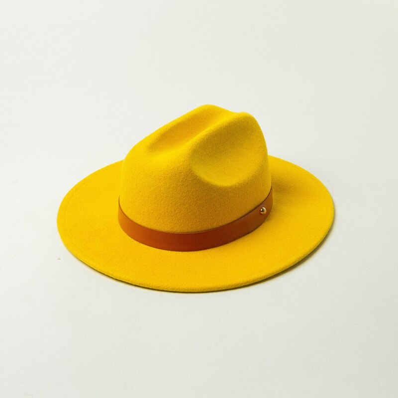 Uspop kvinder efterår vinter hatte 100%  uld fedoras bælte dekoreret jazz hat: Gul