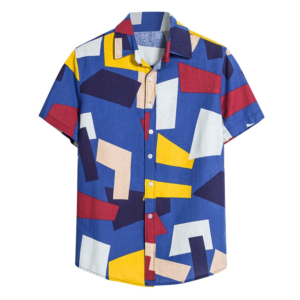 Herre bomuldshør kortærmede afslappet printet hawaiiansk skjorte bluse t-shirt herre etniske patchwork skjorter 3.30