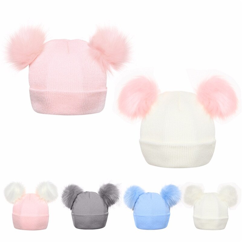 Winter Knitted Baby Hats Girls Boys Sweet Solid Hat With Two Fur Pompoms Balls Kids Caps For Baby Girls Warm Soft Hat Cap