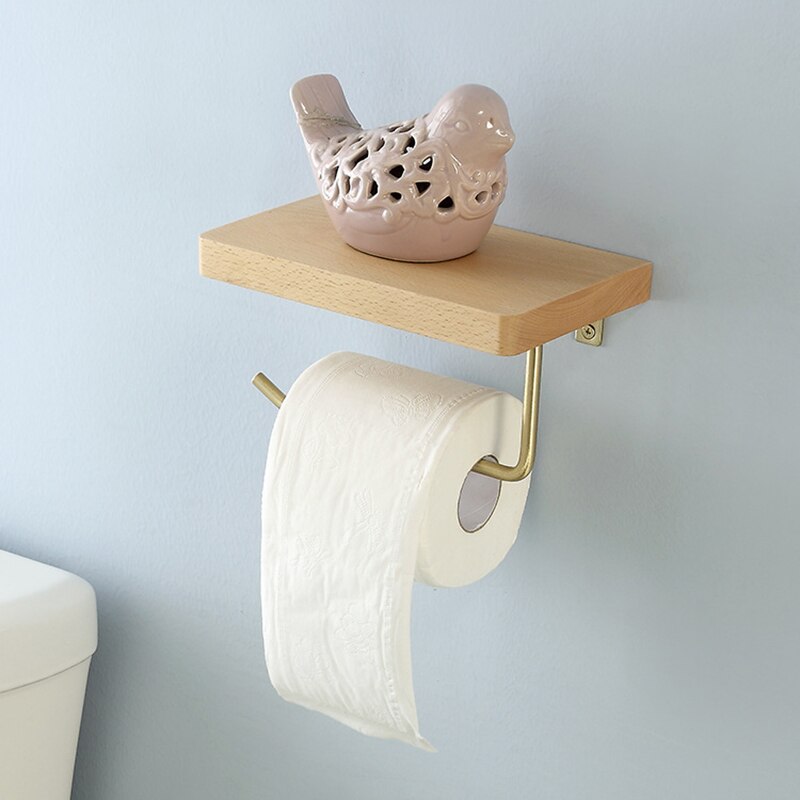 Luonnonpuinen seinälle asennettava wc -paperipidike pehmopaperiteline wc -rulla -annostelija puhelimen säilytyshyllyllä
