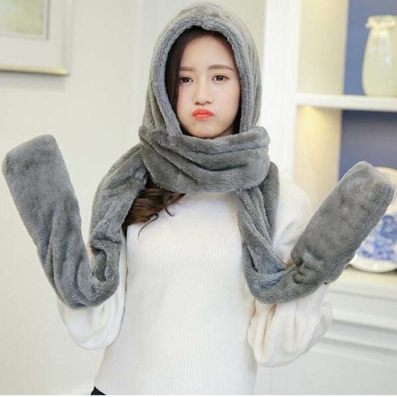 3 in 1 Women Winter Hood Scarf Hat Glove Set Warm Soft Snood Pocket Hooded Srarves Women Scarf Hat Glove For Girl: grey