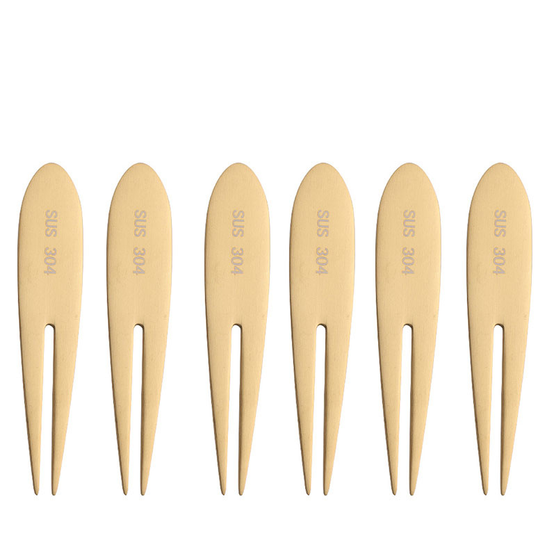 6 pz forchetta da frutta in acciaio inossidabile torta d'oro dolce Picke bella mini forchetta utilizzata per la torta in festa lumaca forcella regalo ristorante: 6pezzi oro