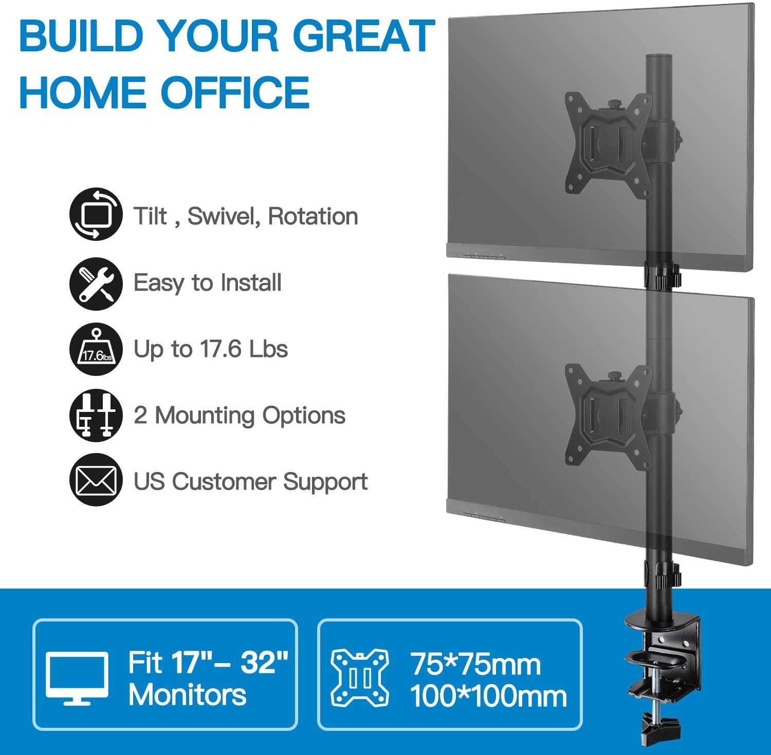 Desktop Dual Vertical Monitor Stand for 2 Displays Double Stackable Screen Desk Mount Fits two 13&quot;-27&quot; Screens Clamp or Grommet