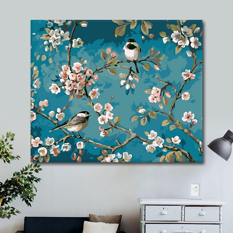 Birds With Flower DIY Oil Painting Paint By Number Kit Painting Arts Craft: Default Title