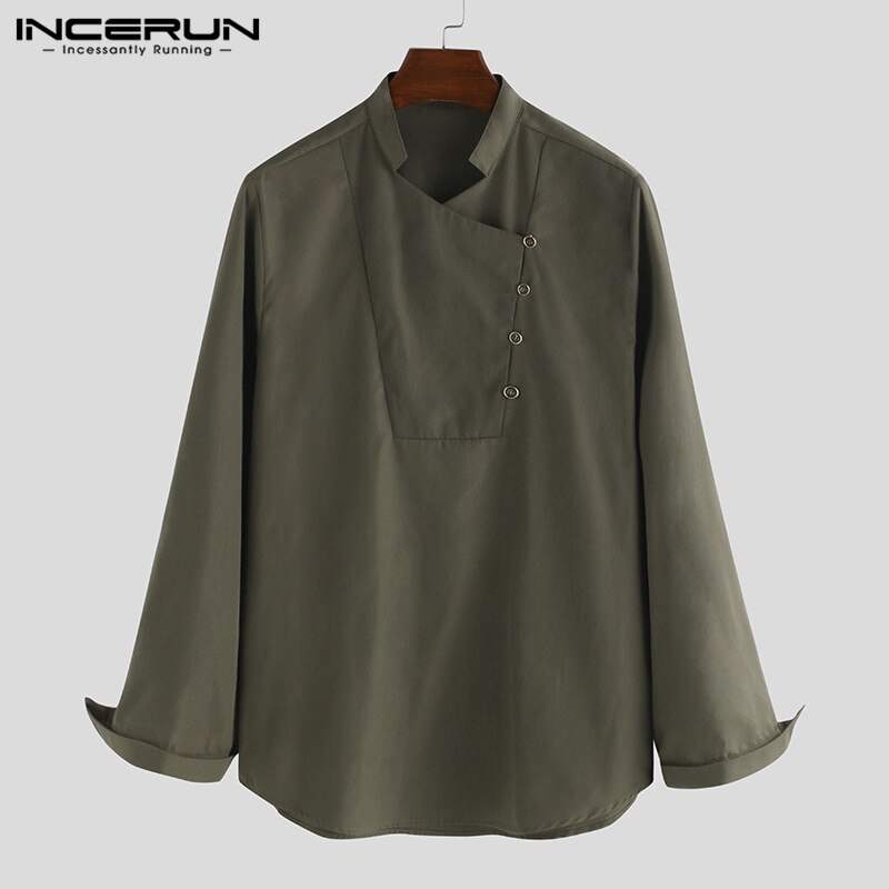 Herr indiska retro skjortor man stå krage enfärgad streetwear skjorta herr muslimska toppar långärmad casual kurta camisa plus size: Armégrön / Xxxl