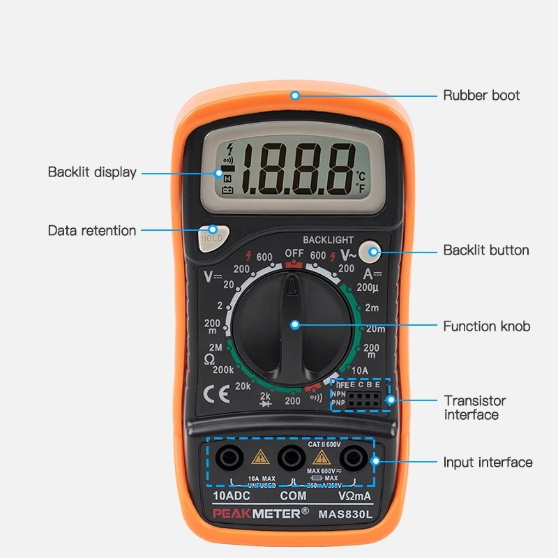 MAS830L Pocket Digital Multimeter with Resistance AC / DC Voltage Tester Handheld Multifunction Meter