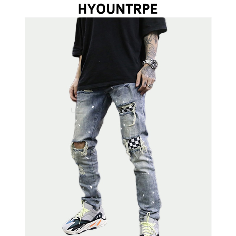 Pantalones vaqueros a la para hombre con agujeros en la rodilla de retazos a cuadros rasgados nuevos pantalones con cremallera Hip Hop