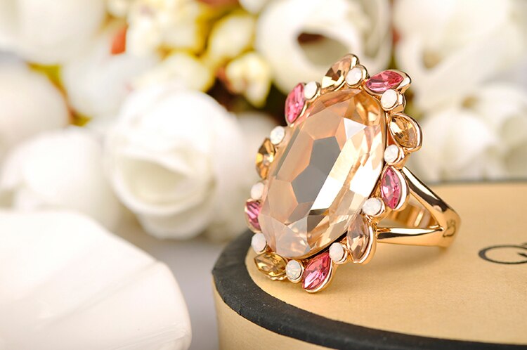 Lokaer hyperbole grande champanhe oval zircônia cúbica anéis rosa cor do ouro com cristal austríaco anéis de casamento jóias r15090