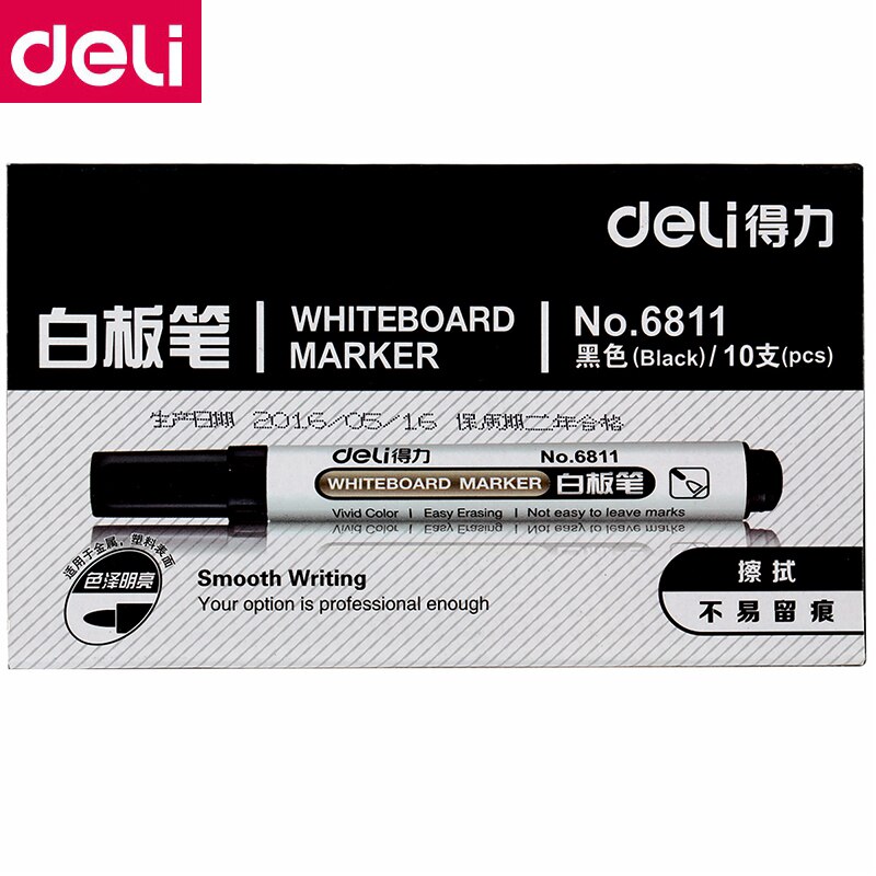 10PCS/BOX Deli 6811 Whiteboard marker Whiteboard pen smooth writing easy erase Black Blue Red 3 colors