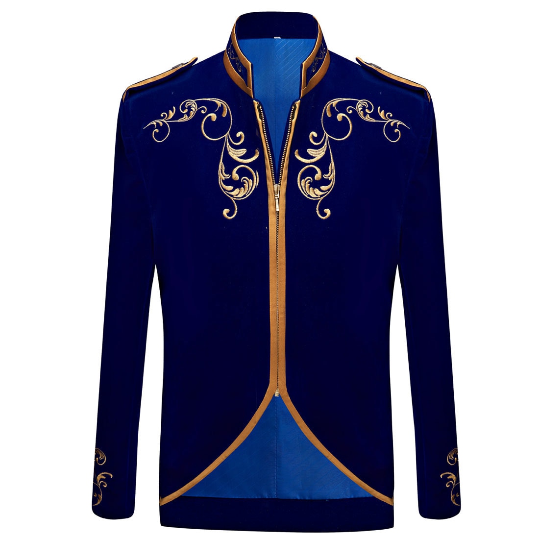 PYJTRL British Style Palace Prince Black Velvet Gold Embroidery Blazer Wedding Groom Slim Fit Suit Jacket Singers Coat: Blue / US size S 38R