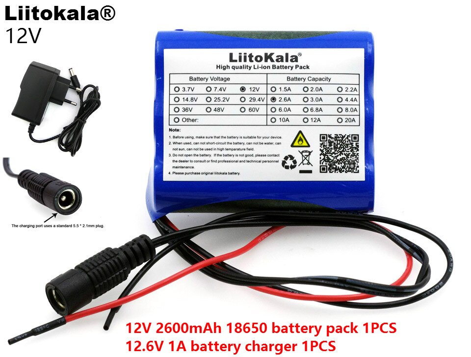 Liitokala 12 V 2600 mAh 18650 lithium-ion batterij Monitor CCTV Camera batterij 12.6 V 1A Lithium acculader