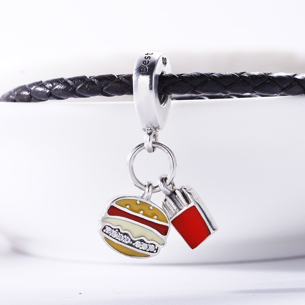 Genuine 925 Sterling Silver Charm Red Enamel Burger & Fries With Best Friend Beads Fit Pan Bracelet & Necklace Jewelry