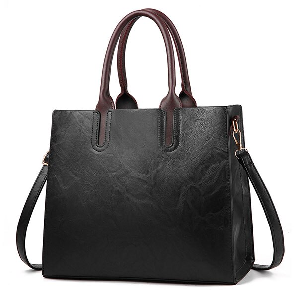 Famous Brand Handbags Leather Bags Women Large Capacity Vintage Hand Top-Handle Bags Solid Tote Ladies Shoulder Bag: Black Hand Bag