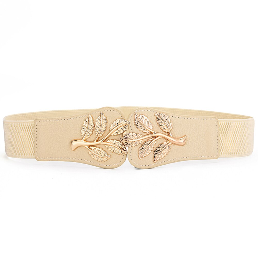 Funda de cintura para mujer, cierre de cintura elástico de hoja dorada a la con hebilla de doble gancho, cinturón ancho combinado con falda, cinturón para mujer: Beige