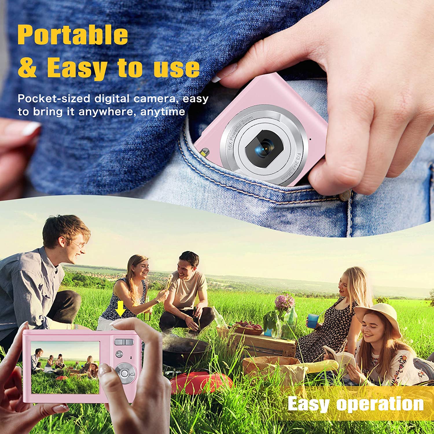 Digital Camera 36.0MP Vlogging Camera 16X Digital Zoom LCD Screen Compact Portable Mini Cameras for Students, Teens,