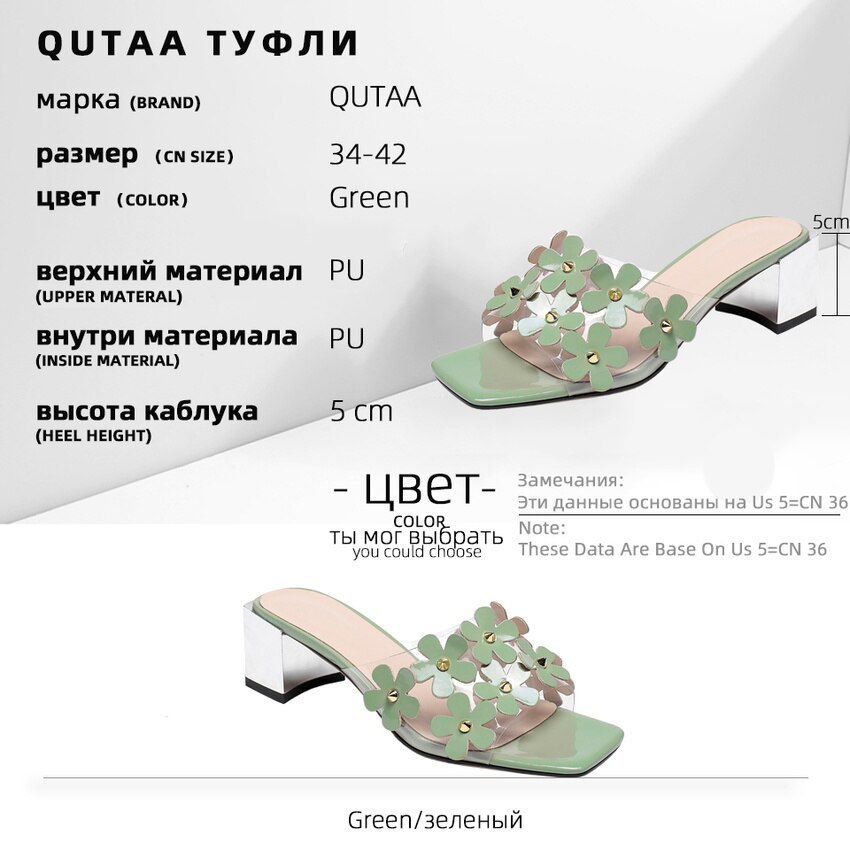 Qutaa Open Tenen Bloemen Sandalen Pu Leer Transparante Dames Pumps Zomer Vierkante Hak Slingback Vrouwen Schoenen Big Size 34-42