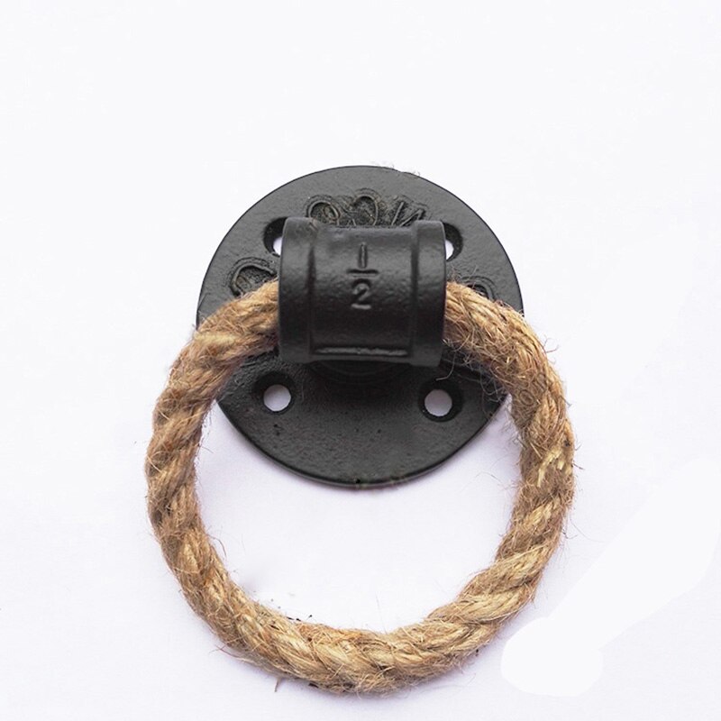 Simple morden Iron Pipe Flange Door Handle Knocker With Rope Loft Industry Style Gate unfold install for interior door knob: black