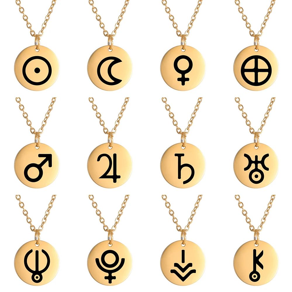 Dawapara Planeet Symbool Amulet Kleine Charme Ketting Jupiter Saturnus Pluto Neptunus Planetaire Alchemische Symbolen Roestvrij Staal