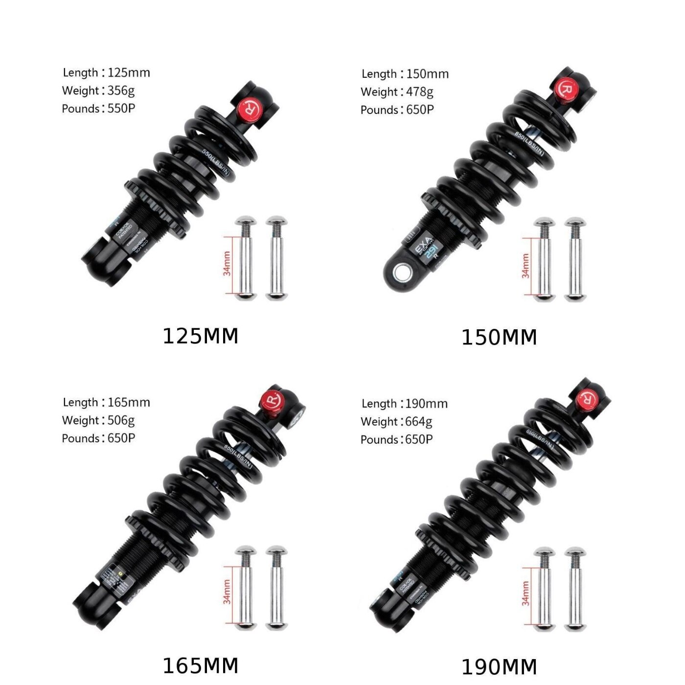 MTB Mountain Bike Air Rear Shock Absorber Adjustable Damping Travel Downhill 125/150/165/190MM Spring Shock Absorber Black
