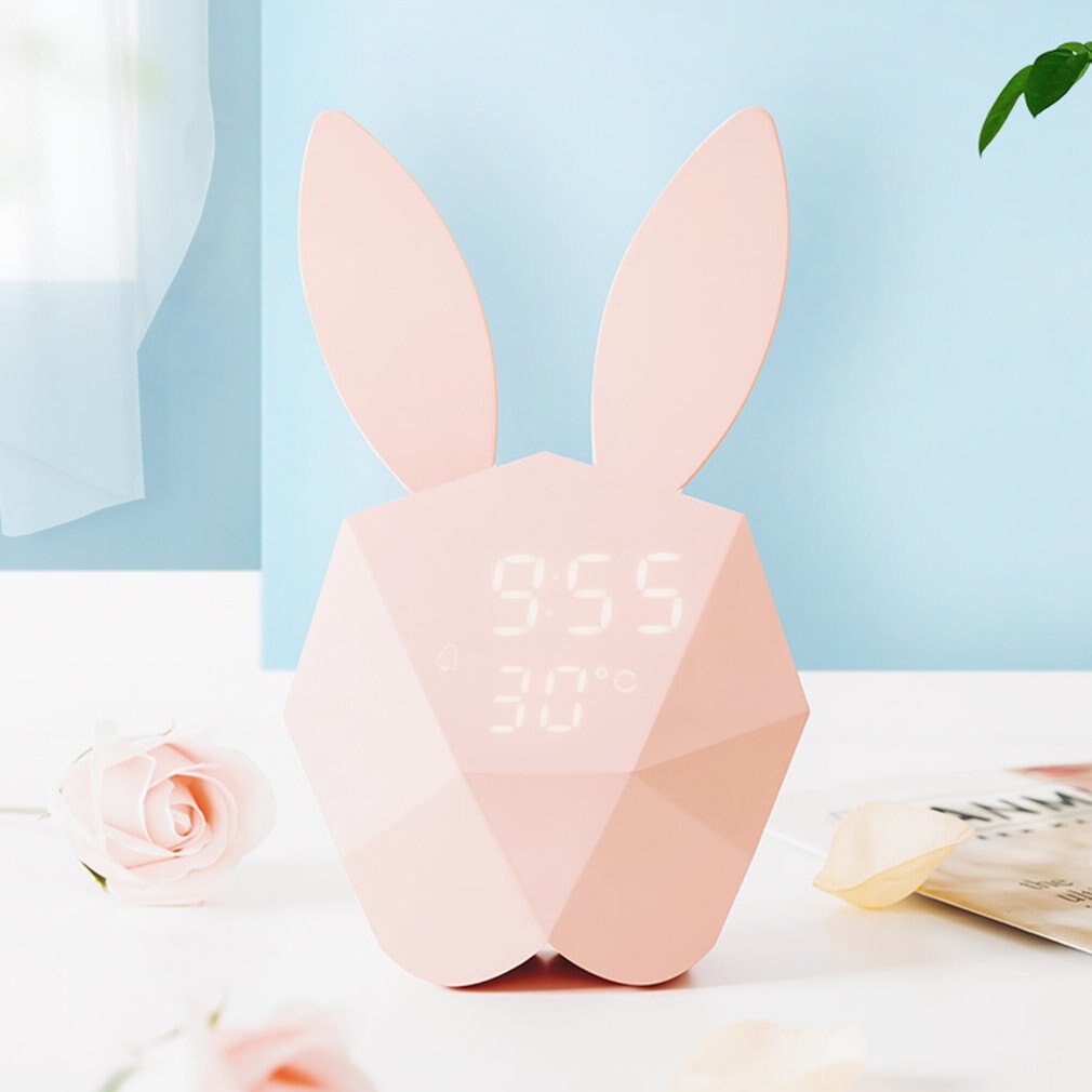 Kanin form väckarklocka kändis stil led kalender röst snooze tyst elektronisk nattljus väckarklocka: 3c laddare rosa