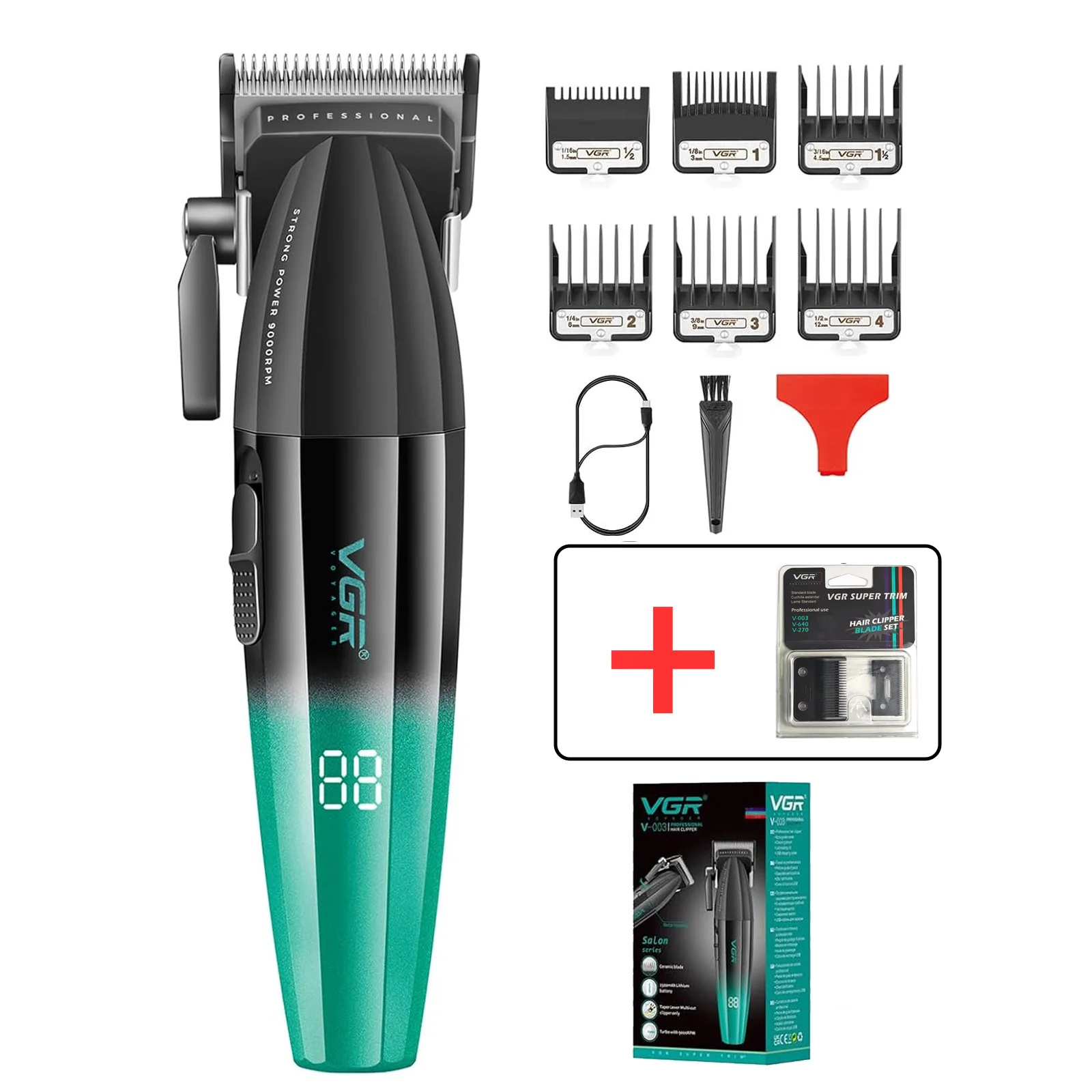Vgr 003 906 profissional fade máquina de cortar cabelo sem fio aparadores para homens conjunto carga usb display led kit corte cabelo: Azul
