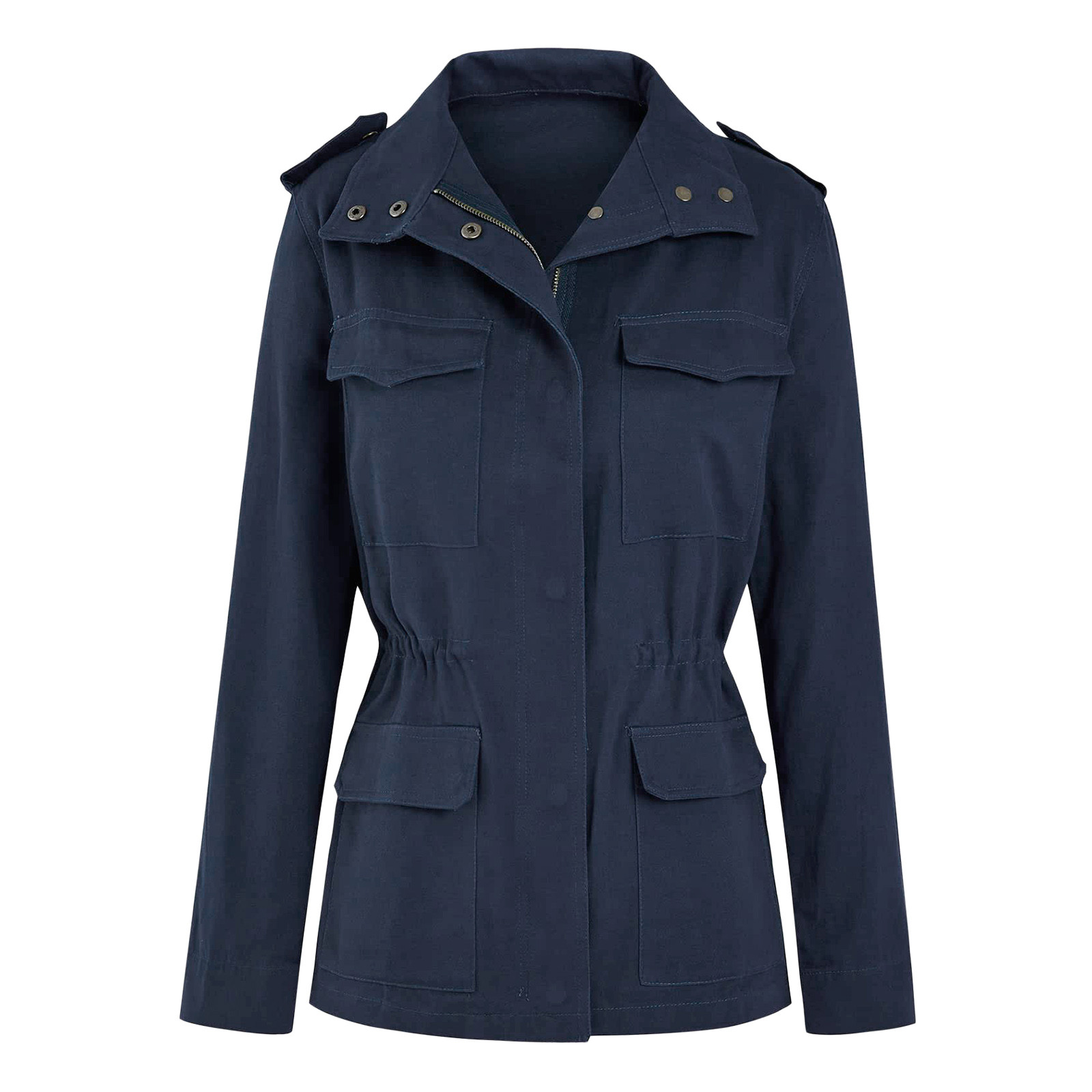 Autumn Women Waist Tunic Coats Retro Green Multi-Pocketed Jacket Turn-Down Collar Button Solid Color Outwear Coats: XXXL / Blue