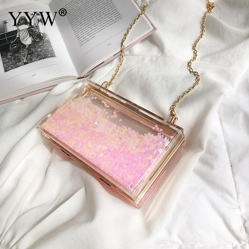 YYW Argento Rosa Acrilico Sacchetto di Sera Delle Donne di Spalla Femminile Borsa Della Borsa di Crossbody Della Borsa Carino Trasparente Vedere Attraverso La Casella di Frizione: pink