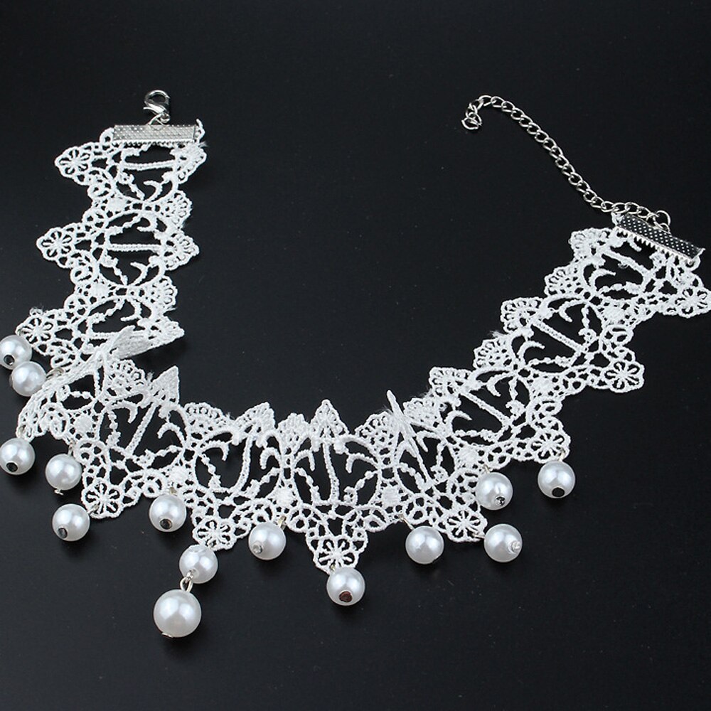 Collar de perlas de encaje de estilo maduro Sexy, Gargantilla de perlas de encaje blanco, Collar ajustable hecho a mano, ancho hueco,