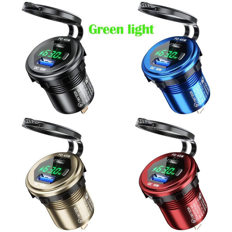 12v-24v usb  + 45w c-schnellladegerät mit led-voltmeter für handy 18w qc3.0 tablet: Blau / Grünes licht