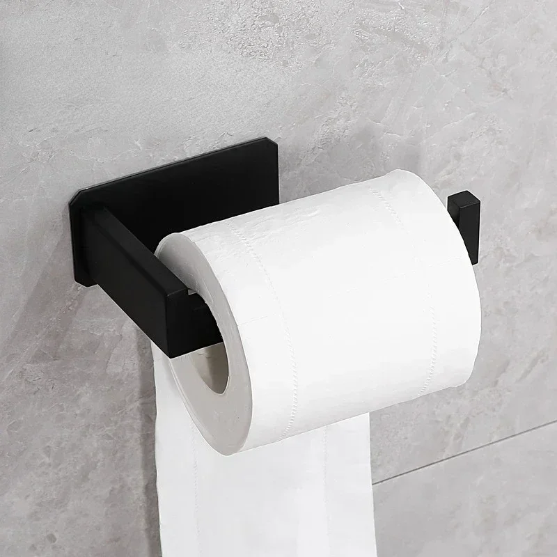 1pc toiletrulleholdere i rustfrit stål, selvklæbende, sort finish, nem installation, ingen skrue