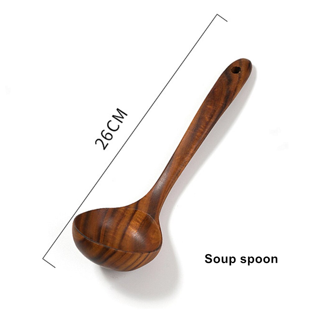 Natural Teak Wood Cooking Spatula Kitchen Utensil Set Tableware Spoon Colander Soup Skimmer Spoon Scoop Kitchen Cooking Tool Set: 1PCS Soup Spoon