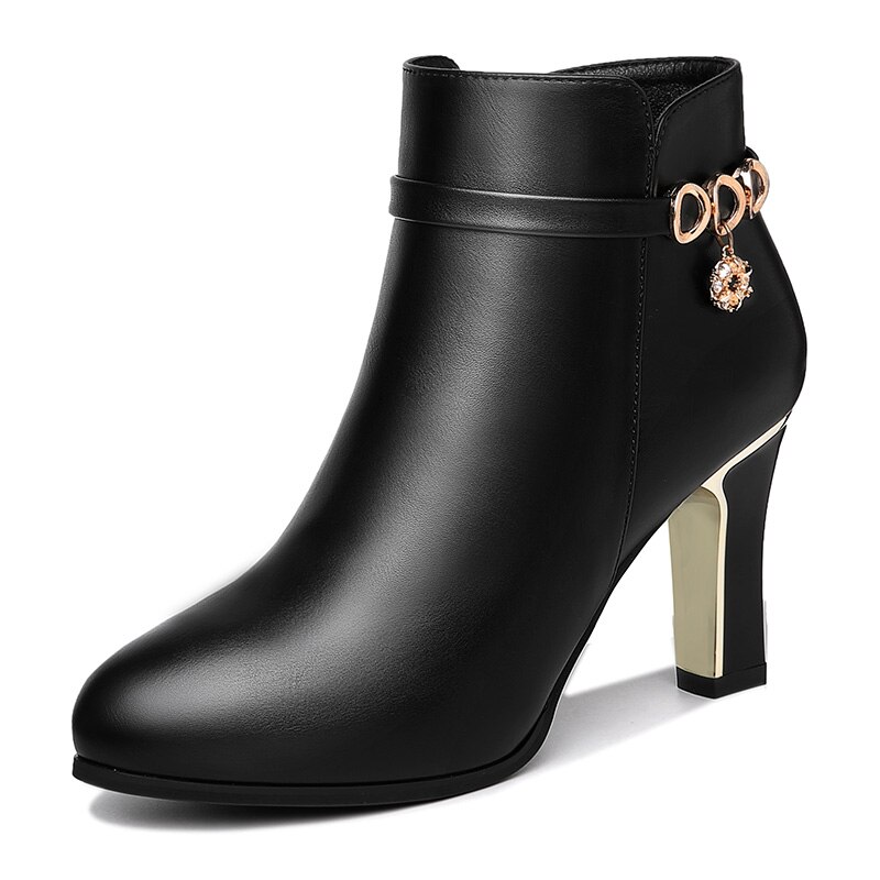 High Heels Ankle Boots Woman Dress Shoes Pointed Toe Booties Thin Heels Pumps Black Crystal Metal Warm Plush Ladies Shoes 8496N