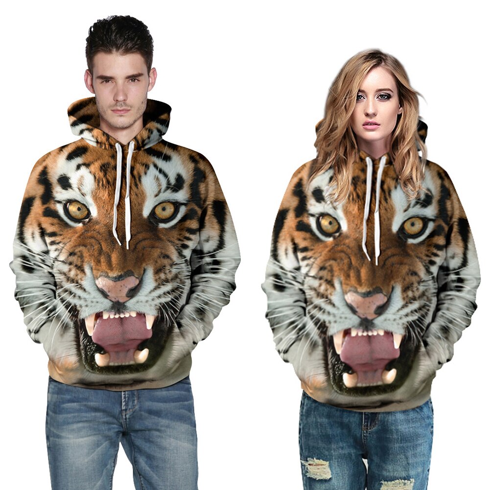 Unisex cool 3d tigertryck vinter hoodie pullover djurmönster sport hoodies