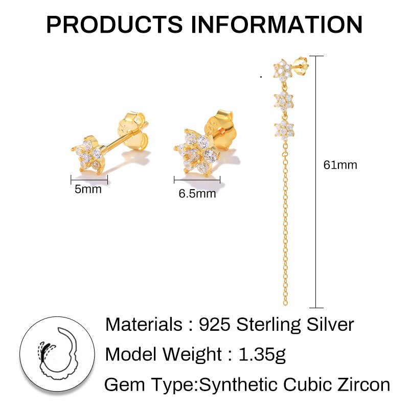Aide 3 pçs preto flor corrente tassle parafuso prisioneiro brincos para mulher 925 prata esterlina zircônia cúbica mini brincos jóias brincos