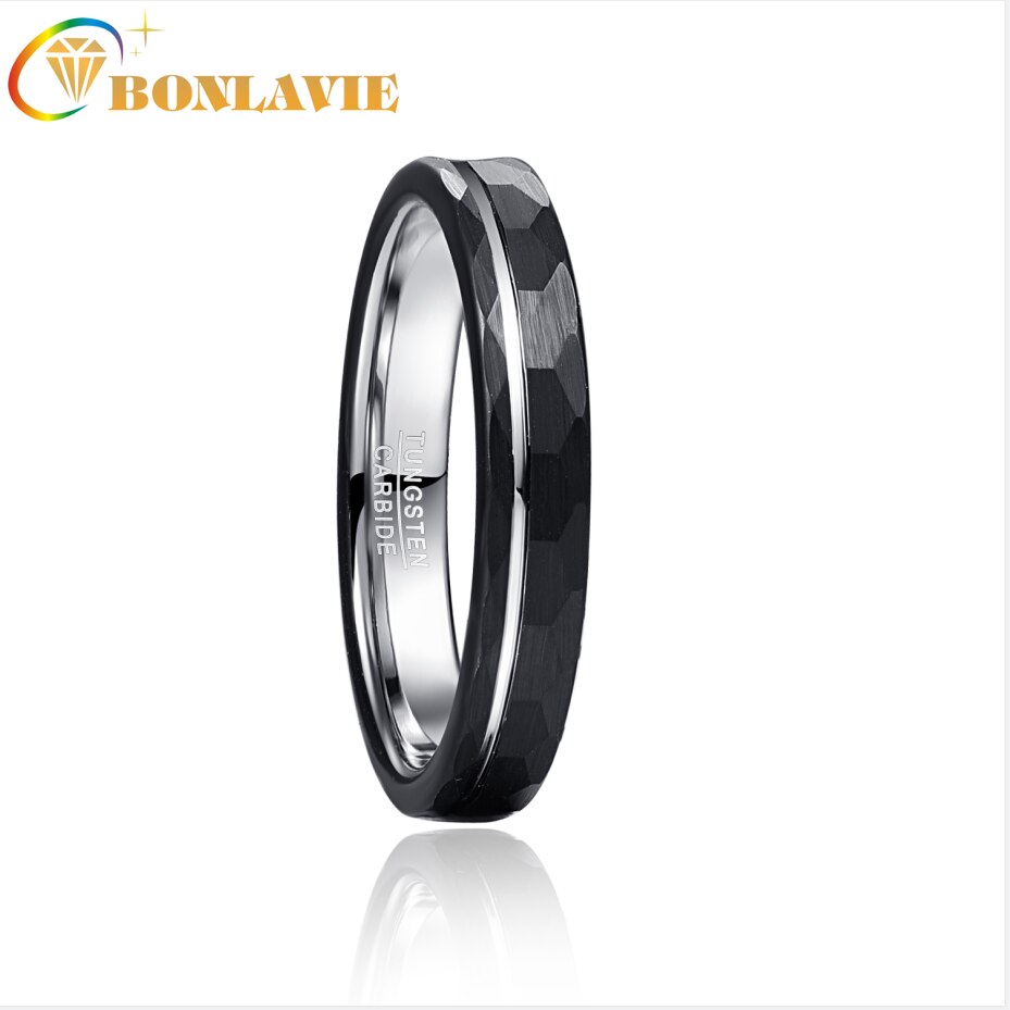 BONLAVIE 4mm Tungsten Carbide Ring Hammered Finish grooved Black Wedding Band for Men Women Comfort Fit Rings Engagement Jewelry