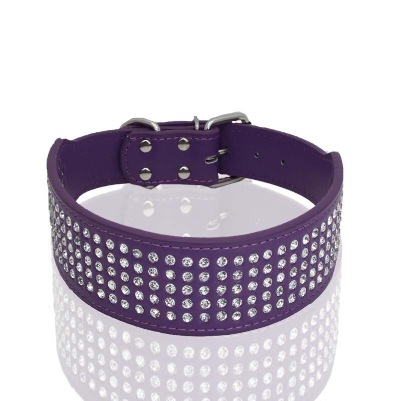 Rhinestone PU Leather Dog Collars 5 Row Diamante Bling for Large Dogs 5cm wide: S / Purple