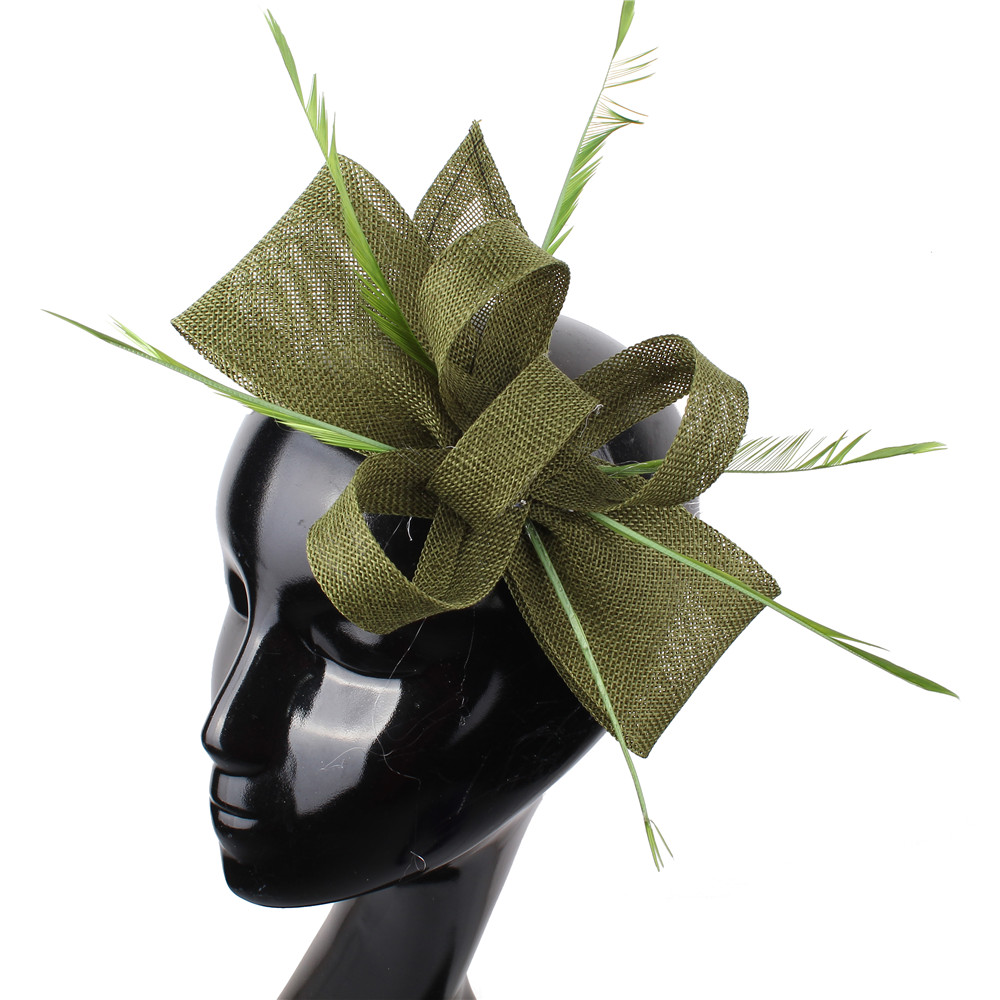Nachahmung Sinamay Hochzeit Kopfbedeckung Braut Champagner Fascinator Hut Haarnadel mit ausgefallenen Federn Haarschmuck Damen Kopfschmuck: Armee Grün