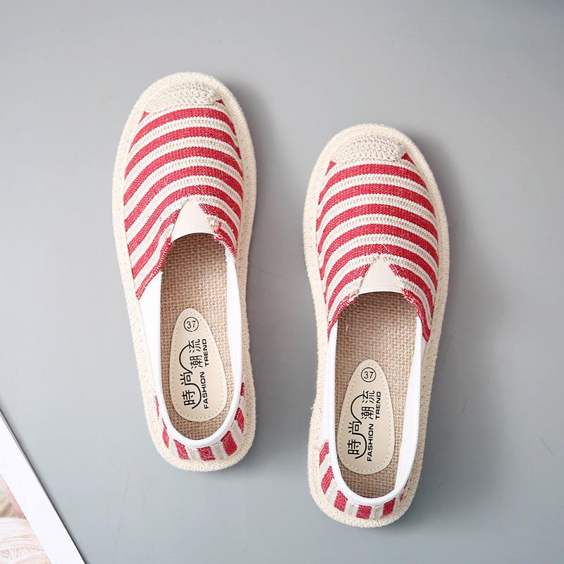 Women Stripe Fisherman Flat Shoes Spring Summer Ladies Canvas Casual Lightweight Breathable Espadrilles Loafers Lazy Shoes: Red / 36