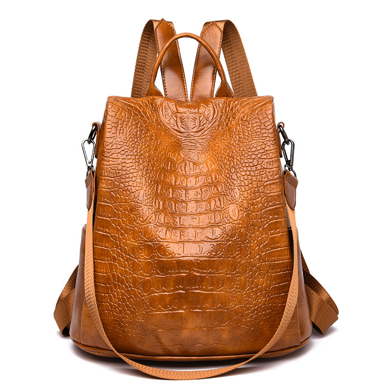 Couro do plutônio do jacaré mochila feminina anti-roubo mochila escolar ocasional para meninas adolescentes mochila multifuncional de grande capacidade: Brown