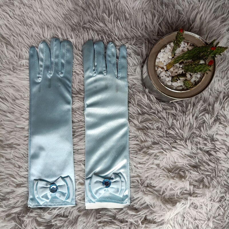 Guantes largos de baile de princesa para niños, vestido de novia de satén para niñas, accesorios de disfraz con lazo, de cumpleaños y Navidad: LIGHT BLUE