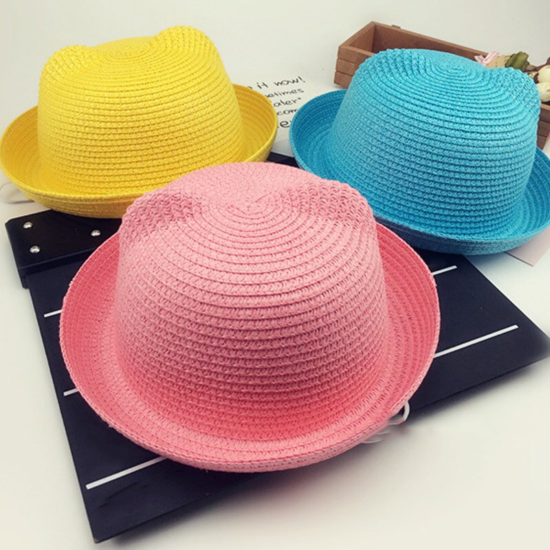 Sombreros de paja a la para chicas y niños, gorros de paja para el sol de bebé, gorro de decoración con orejas de gato flexible y sólido, dg88