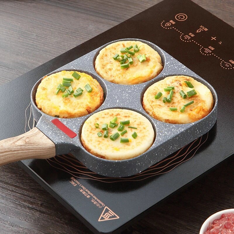 4 Holes Egg Frying Pan Multifunction Hamburger Steak Non Stick Pan Wooden Handle Cooking Pan Cooking Utensils