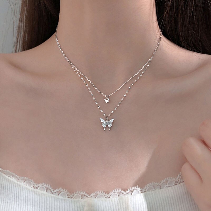 Silber Farbe Stern Lariat Halsketten Für Frauen Exquisite Kette Choker Anhänger Blume Schmetterling Hochzeit Partei Schmuck: Double layer