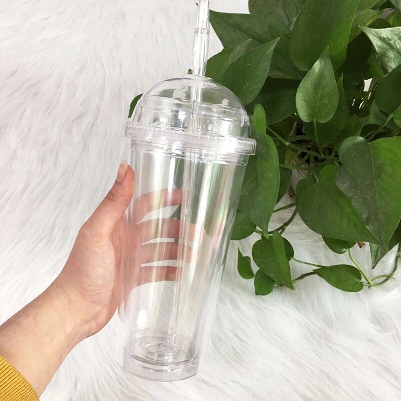 20oz Milk Tumbler With Dome Lids Clear Plastic Cups With Straw Double Wall Reusable Water Bottle Fruit Cup For Party