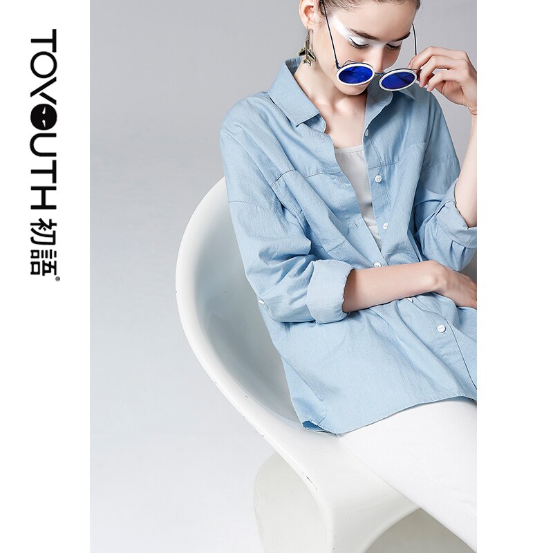 Toyouth Women Blouse Autumn Casual Jeans Blue Tops Long Sleeve Loose Cotton Shirts