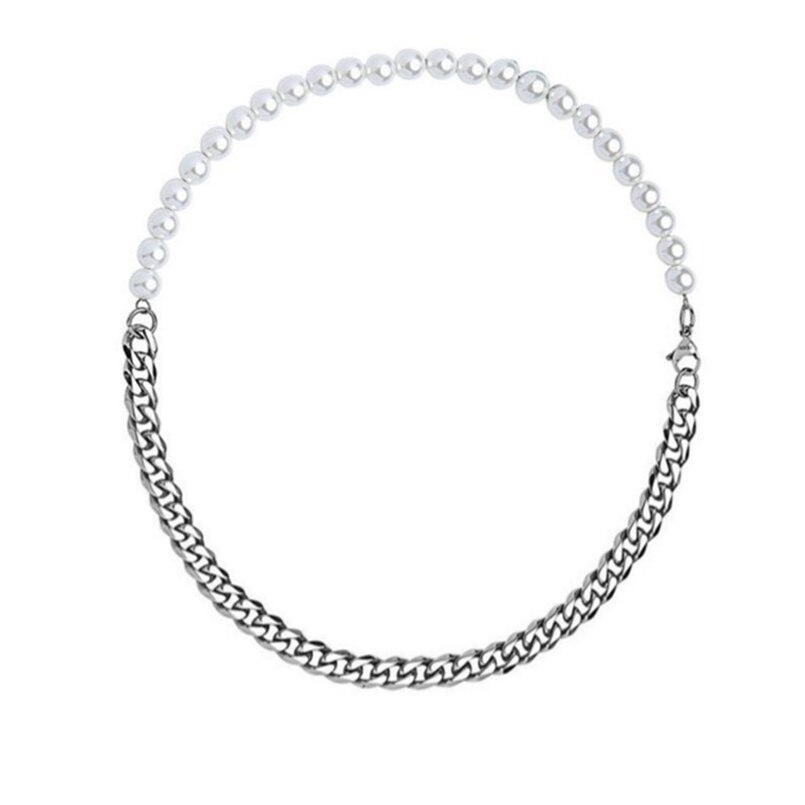 Rustfrit stål miami cuba kæde og halv 8mm perle halskæde til mænd og kvinder