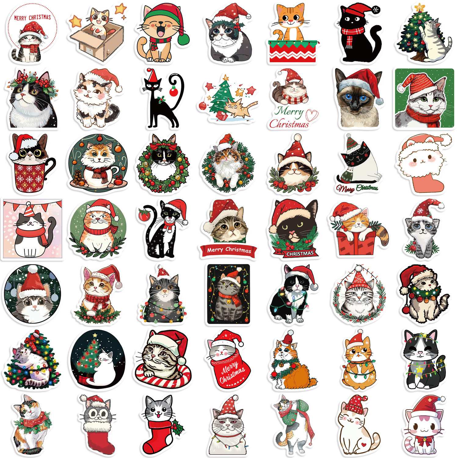 50PCS Cute Christmas Cat Stickers Cat Meme DIY Sticker Scrapbooking Phone Luggage Skateboard Waterproof Decal