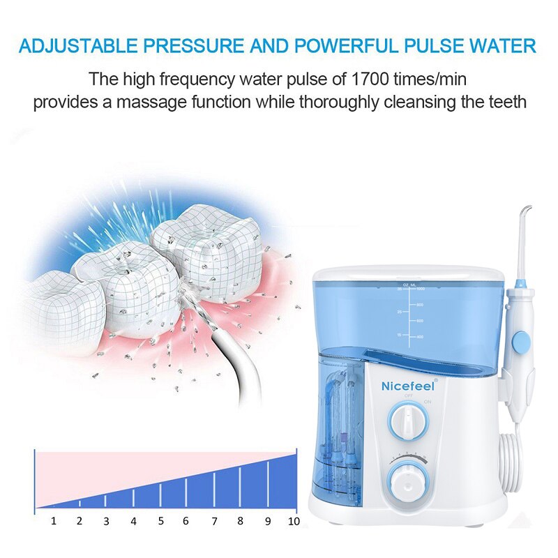 Nicefeel Water Flosser Oral Irrigator Teeth Cleaner 1000ML Big Water Tank with 7 Multifunctional Tips EU Plug